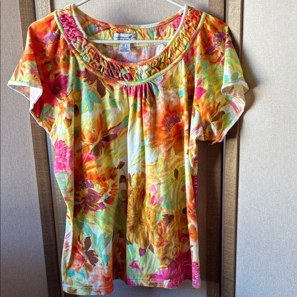 Caribbean joe Multicolor Floral Short Sleeve Top large